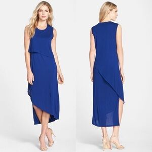 BCBG MaxAzria Royal Blue Kyrie Asymmetrical Jersey Midi Dress Womens Medium